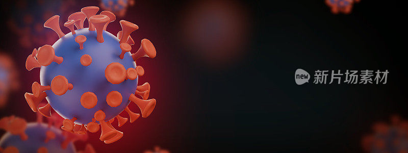 3D渲染病毒Covid -19和带有复制空间的RNA病毒，冠状病毒，Covid - 19-NCP。冠状病毒nCoV在红色背景下分离。3 d演示。